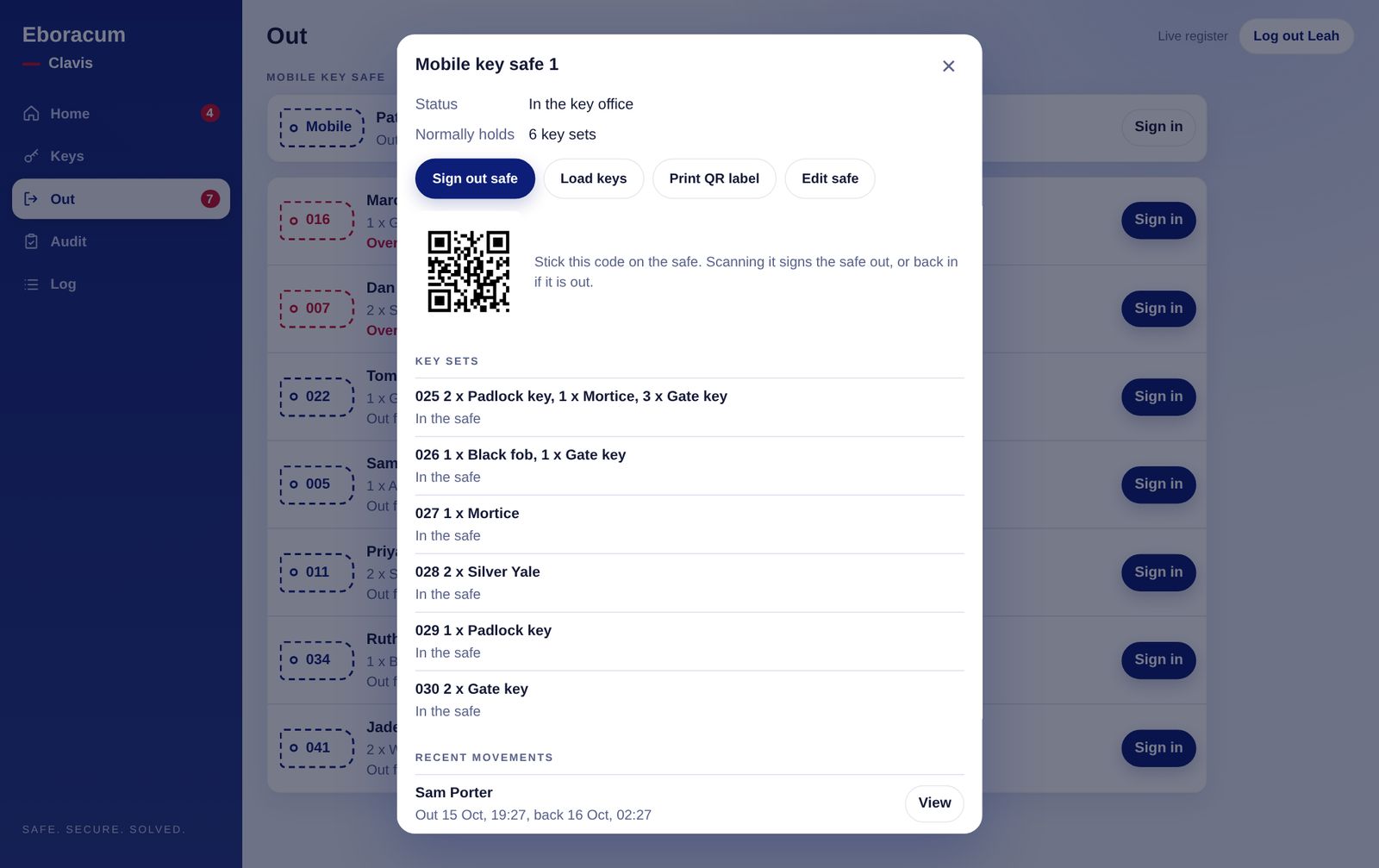 Mobile key safe record with QR code on desktop