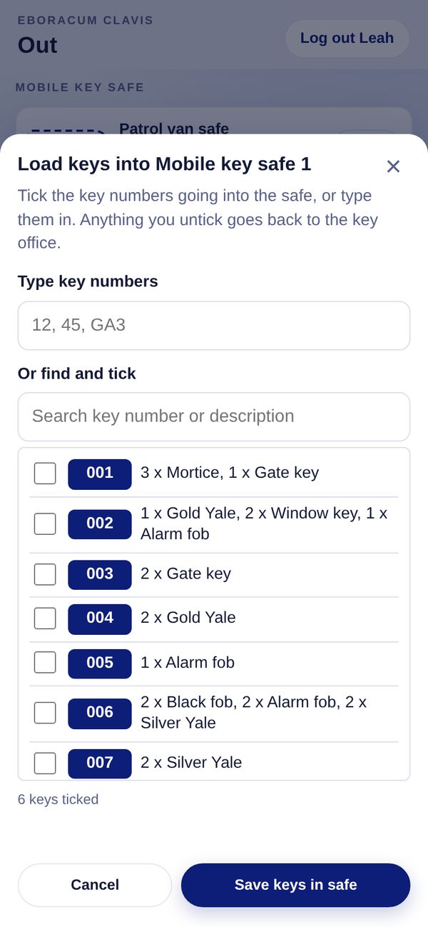 Loading keys into a mobile key safe on a phone, key numbers shown first