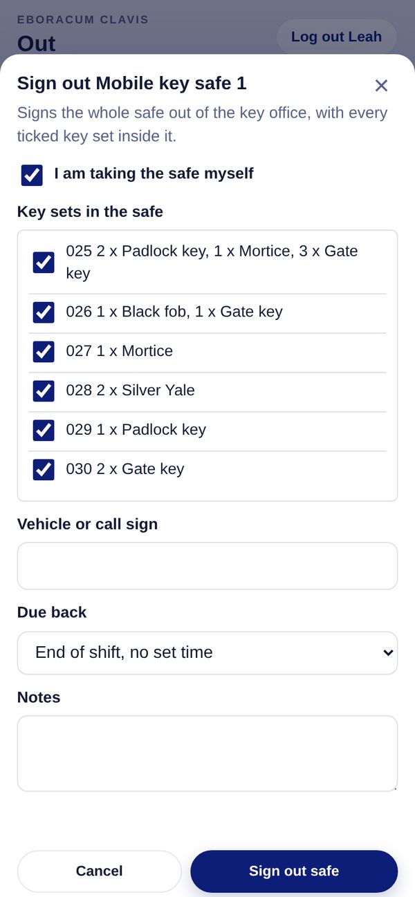 Signing a mobile key safe out on a phone