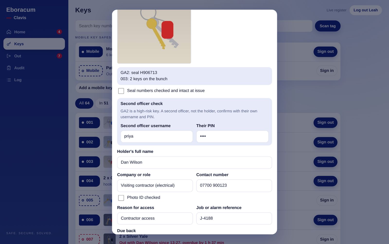 Sign-out form with second officer check on desktop