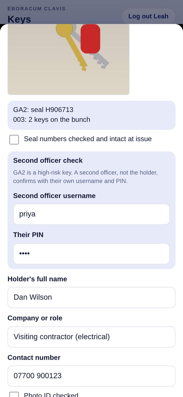 Sign-out form with second officer check on phone